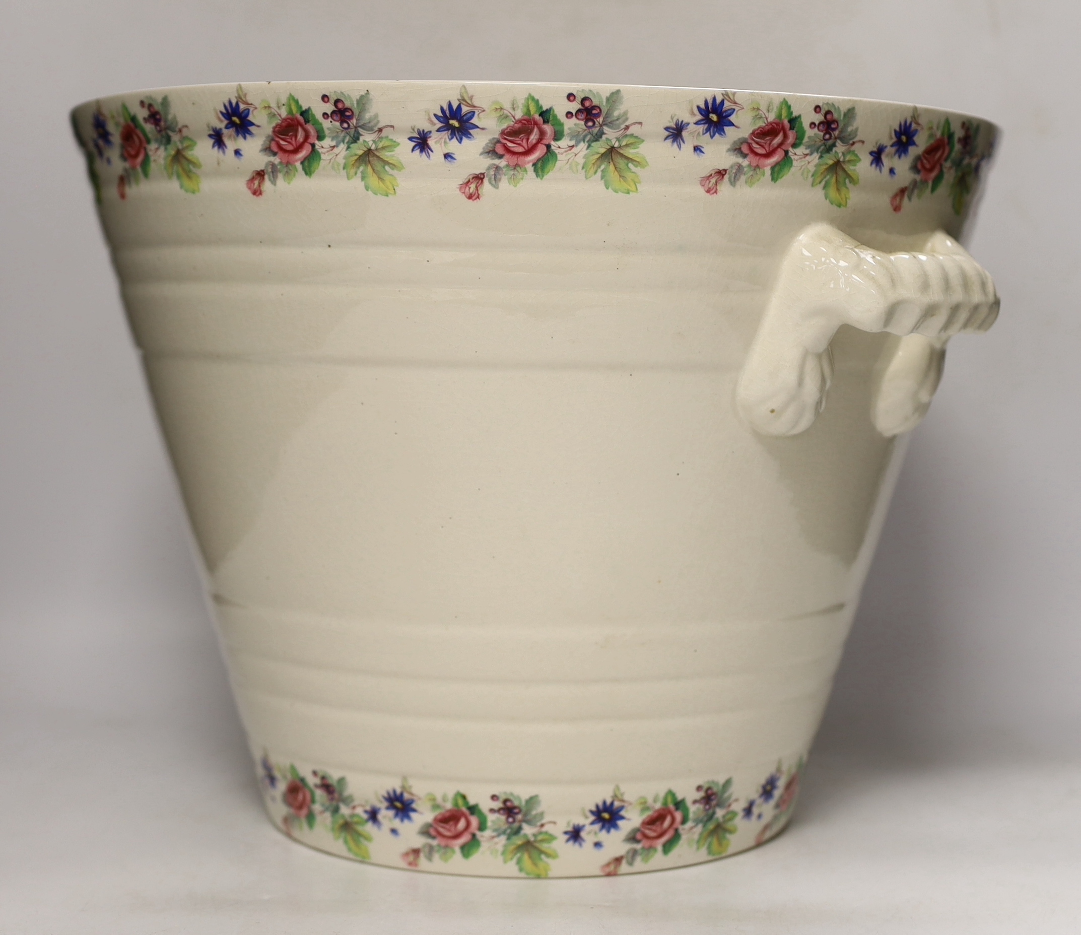 A transfer printed glazed pottery Pure Milk two handled advertising pail, 28cm high x 37cm diameter